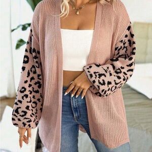 SHEIN Dusty Pink Open-Front Cardigan with Black Leopard Sleeves
